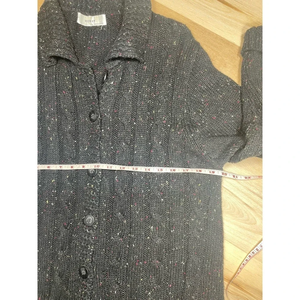 Kikit Chunky Knit Cardigan M Black Speckled Cable Button Front‎ Cozy